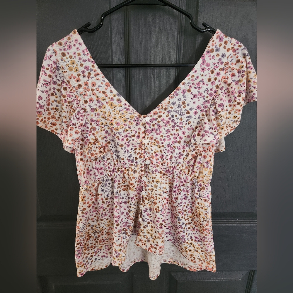 Floral V-Neck Ruffle Sleeve Top Women size Small